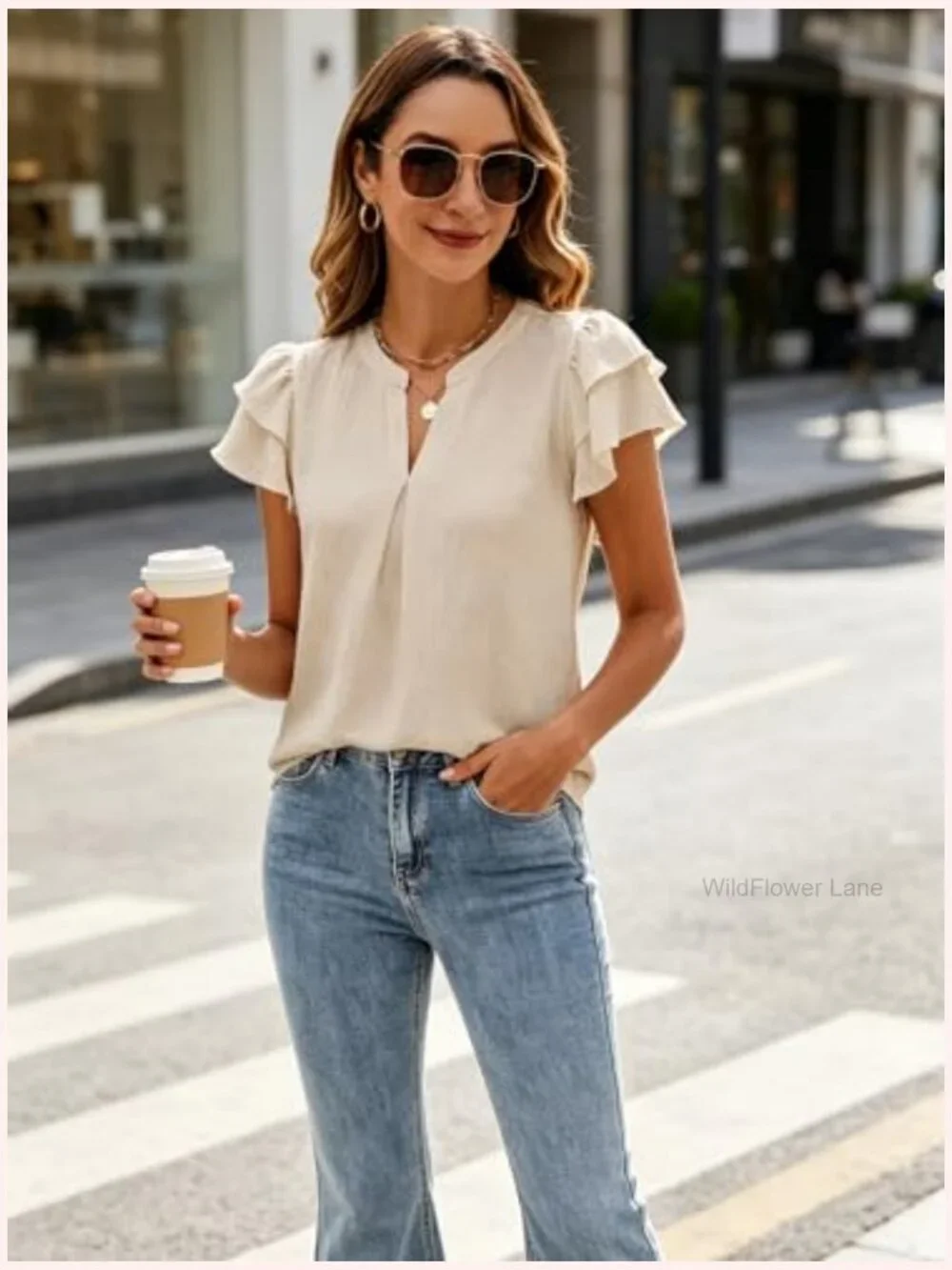 Ruffle Short Sleeve V Neck Tunic Blouse Flowy Business Casual Top Office Shirt - Picture 6 of 7